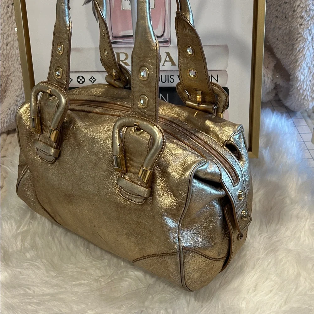 Francesco Biasia Gold Metallic Leather Satchel Shoulder Bag Structured handbag